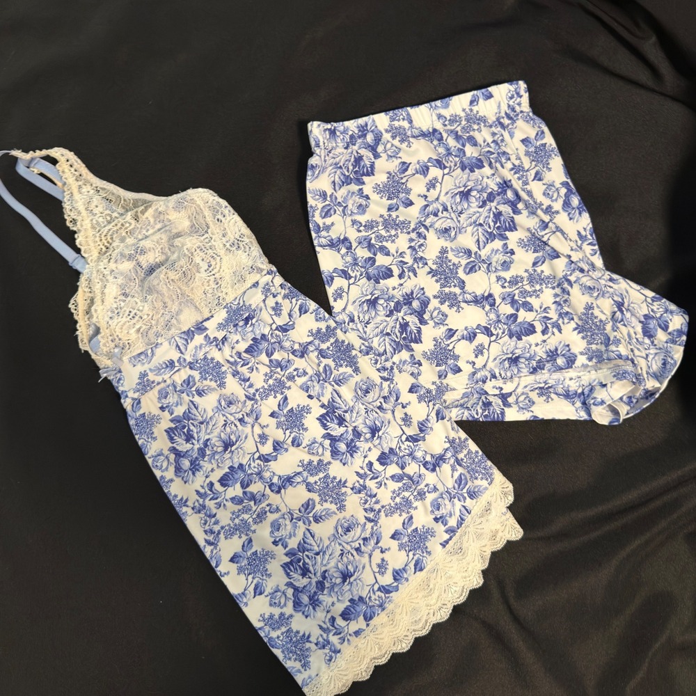 Laura Ashley Blue Floral Lace Trim Cami & Shorts Pajama Set, PJ's Size XL - Picture 3 of 8